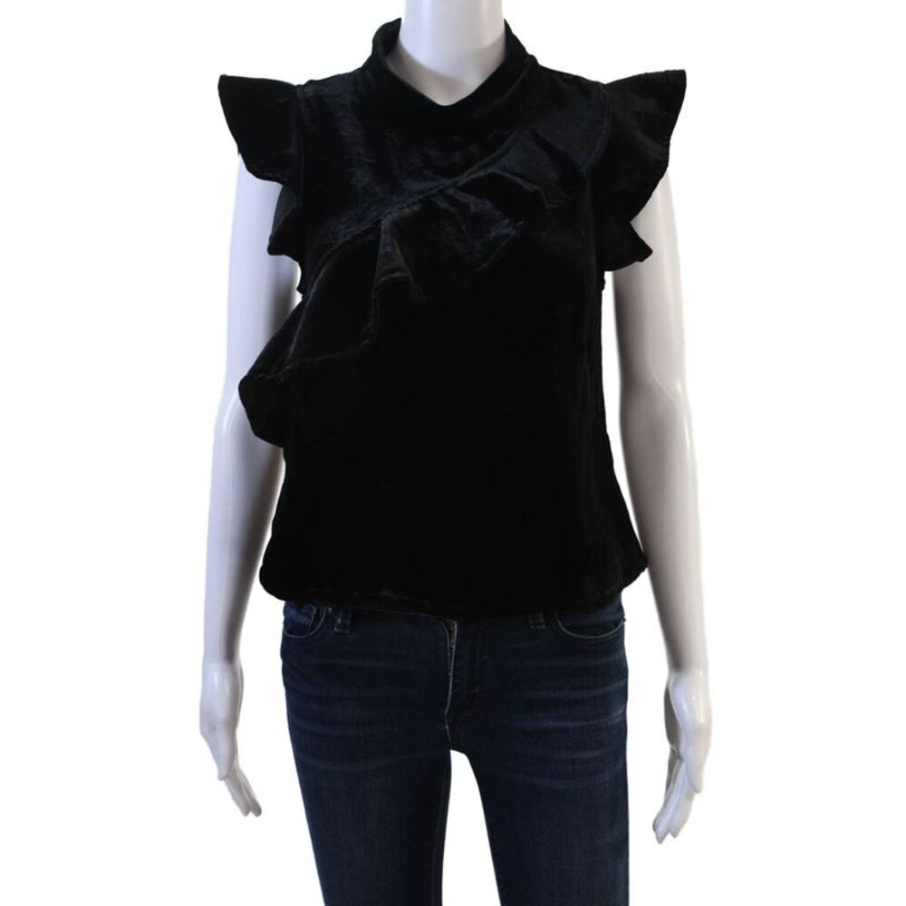 McGuire Women Black Mock Neck Button-Up Blouse Short Sleeve Size XS